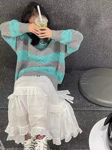 波拉韩版童装冬款儿童毛衣蓝色条纹男童针织衫女童套头毛衣