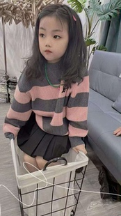 波拉韩版童装冬款儿童毛衣字母刺绣女童条纹毛衣男童套头针织衫