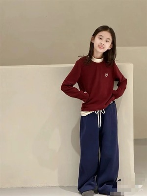 波拉韩版童装2025秋冬爱心刺绣女童德绒发热内衣女童假两件打底衫