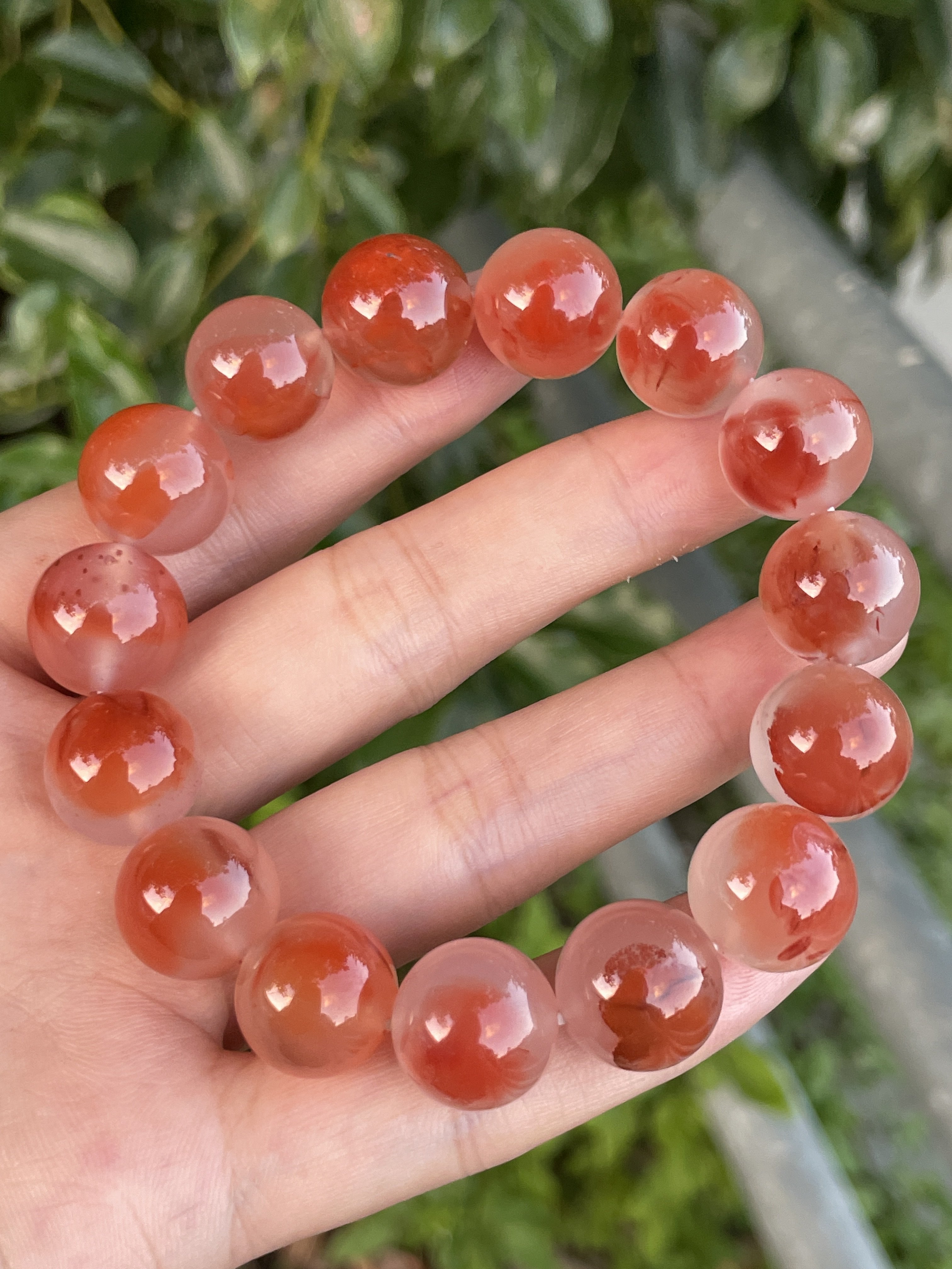 精品南红南红玛瑙14mm单圈手串白底通透红花