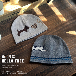TREE设计师可爱小狗毛线帽女冬天包头帽无檐便帽 100%纯羊毛HELLO