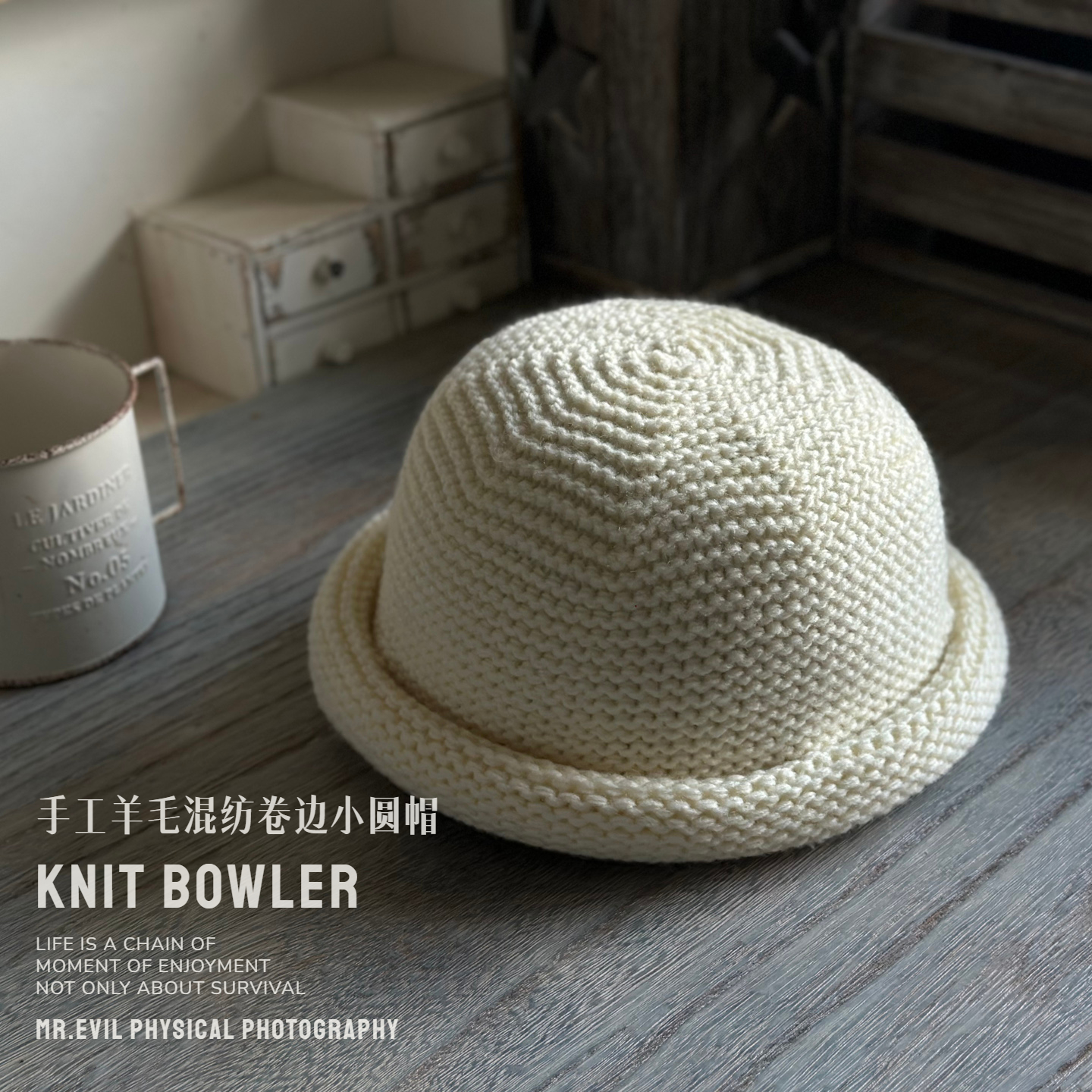 手工编织日系羊毛毛线卷边小圆帽女冬季针织小礼帽复古纯色大头围