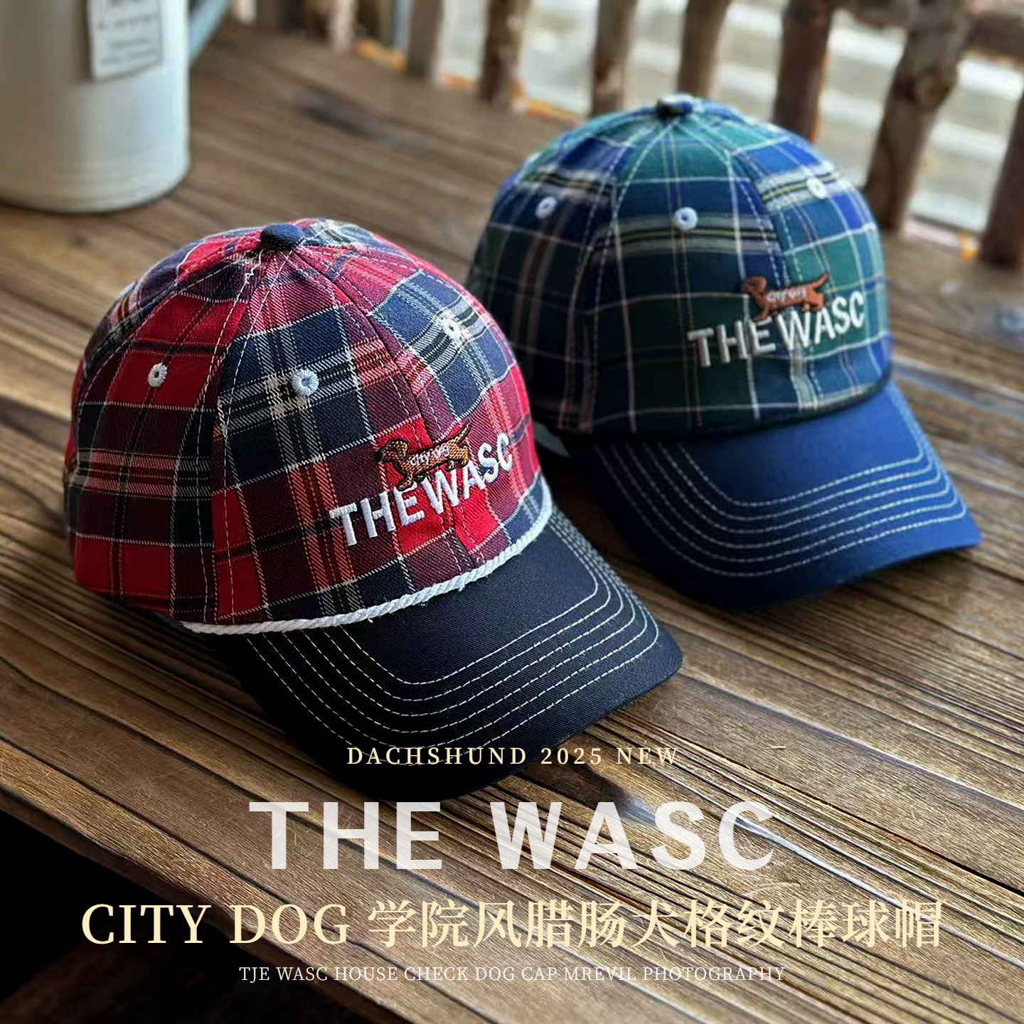 潮牌WASC美式可爱小狗格纹棒球帽