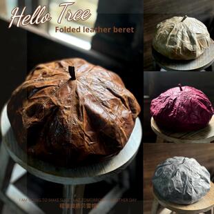 TREE褶皱皮质贝雷帽子女秋冬复古画家帽男蘑菇帽 很特别日本HELLO