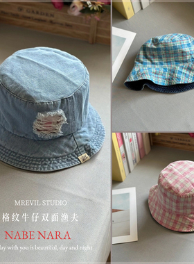 正品nabe nara文艺复古格纹牛仔两面戴渔夫帽子女日系破洞盆帽夏