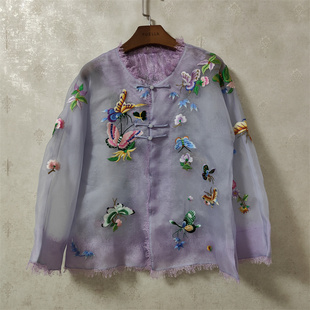 桃兮坊 夏姿风 真丝欧根纱重工蝴蝶刺绣圆领蕾丝中国风上衣女装