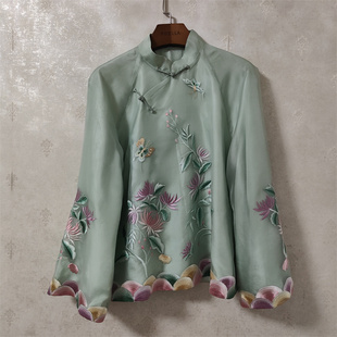 桃兮坊原创定制 浅绿真丝欧根纱中国风重工绣花精工上衣女装外套