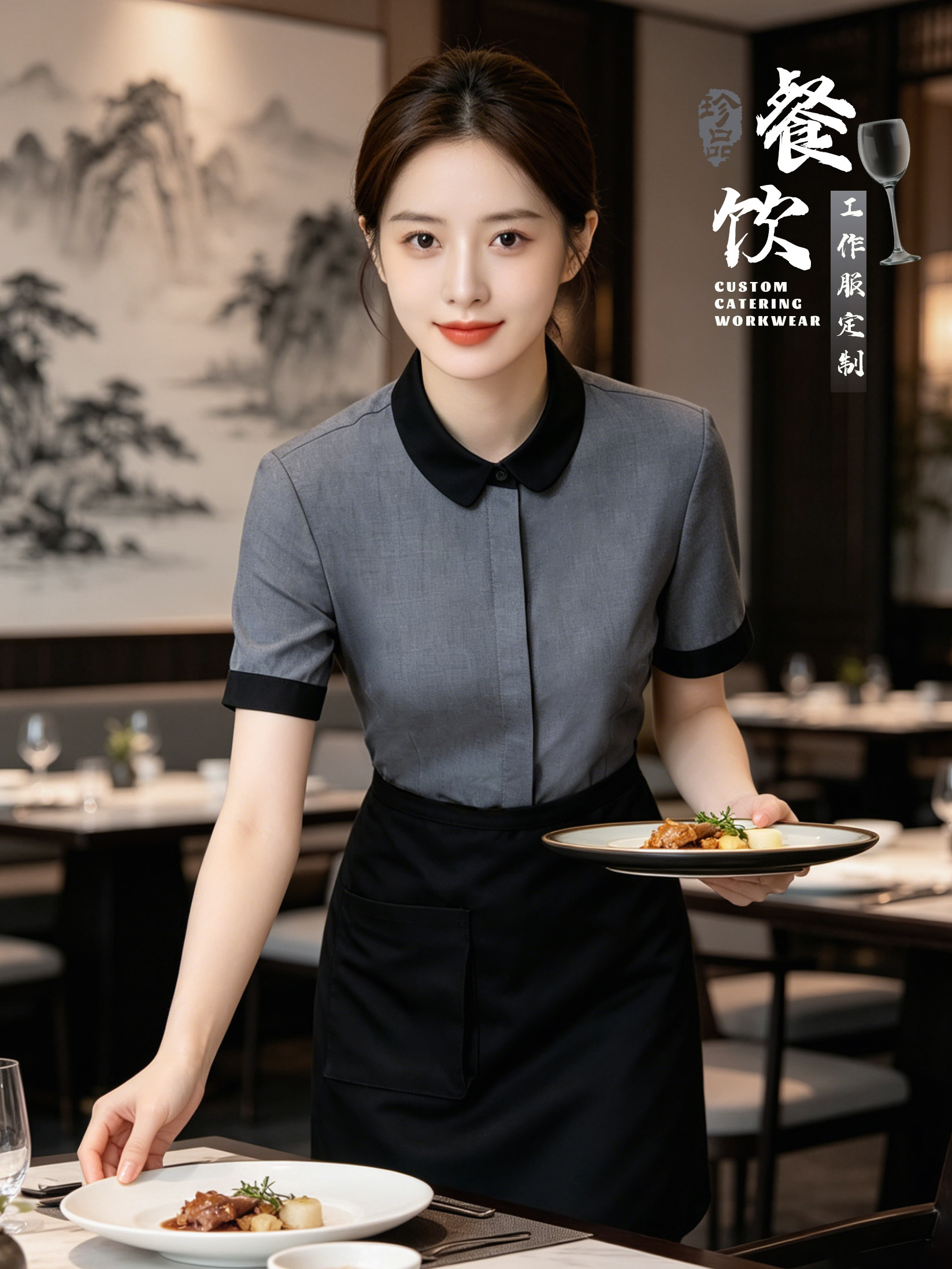 餐饮工作服短袖男女酒店服务员制服夏季高端灰色工装酒店餐厅工作