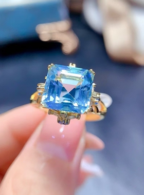 豪华925纯银镀金戒指镶嵌方形10*10宝石海蓝宝来石加工批发设计