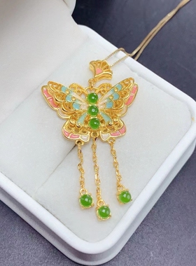 国风蝴蝶流苏吊坠项链锁骨链6粒圆3*3空托银托来石镶嵌定制颈饰