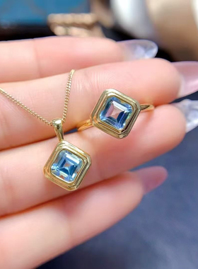 新款925纯银镀金戒指吊坠套装项链镶嵌方6 海蓝宝托帕石银托空托