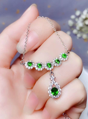 925银吊坠锁骨链镶嵌圆3×3椭圆4×5宝石翡翠透辉石空托银托加工