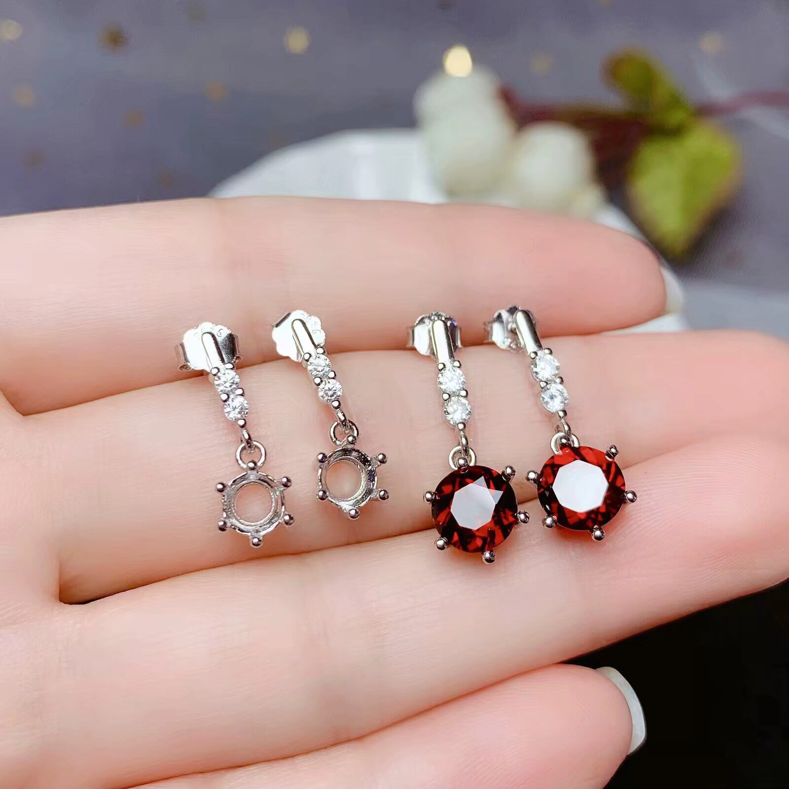 耳钉空托S925纯银耳饰圆形5×5/6.5×6.5mm50分1克拉轻奢小众银托