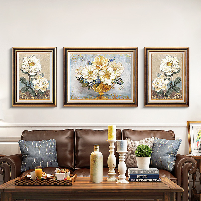 美式客厅装饰画大气复古沙发背景墙壁画欧式轻奢花卉植物三联挂画图片