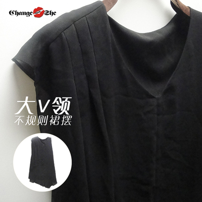 OL风格连衣裙雪纺纯色V领宽松