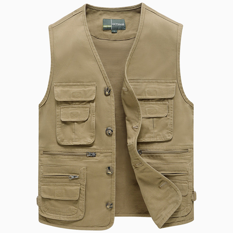 中老年男士纯棉多口袋马甲春秋季爸爸马夹户外休闲钓鱼背心坎肩