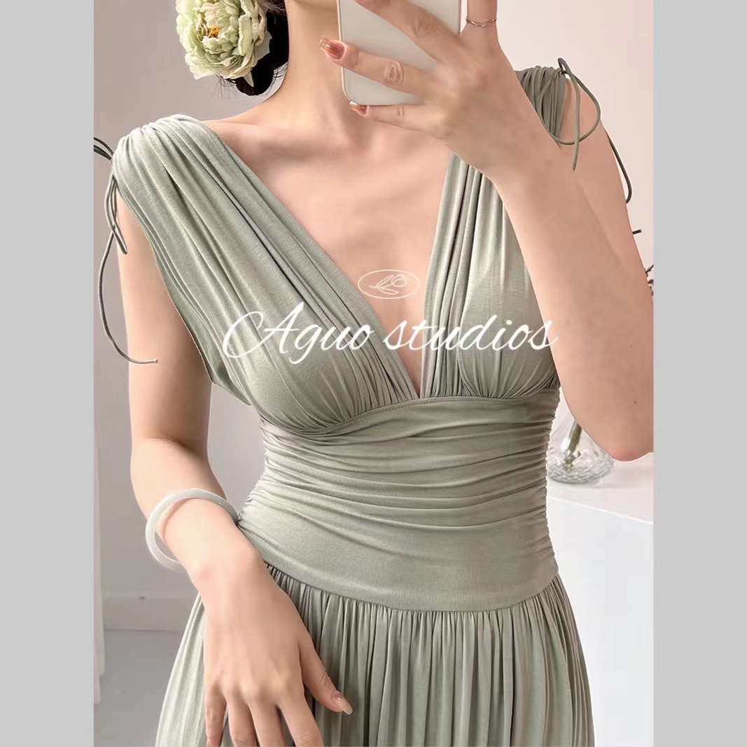 aguo|【希顿】法式复古希腊风莫代尔褶皱性感显瘦中长款连衣裙女