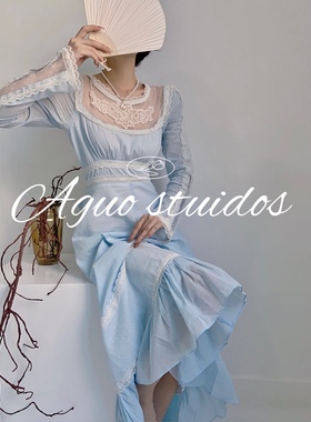Aguo｜ Gunner Sax古着刺绣蕾丝公主轻婚纱vintage大裙摆连衣长裙