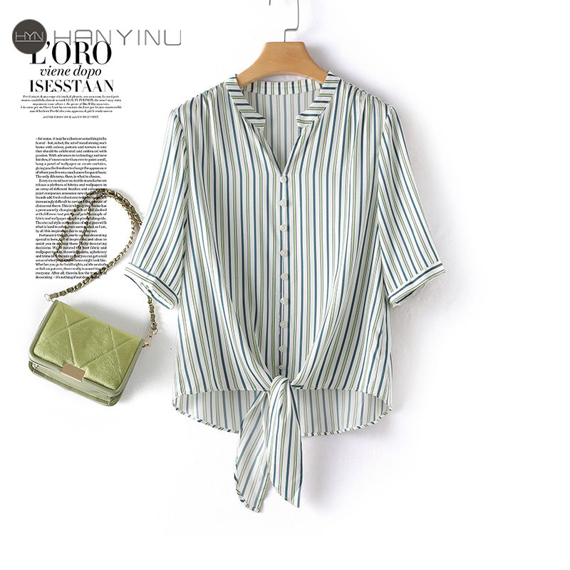 桑蚕丝上衣女短款条纹气质百搭打底衫2026夏新款轻奢桑蚕丝女衬衫