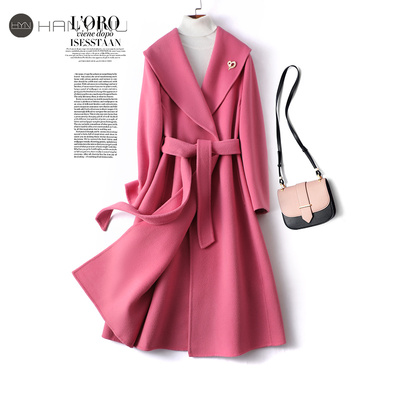 双面呢大衣女中长方领系带收腰粉色减龄呢子秋冬新款高端毛呢外套
