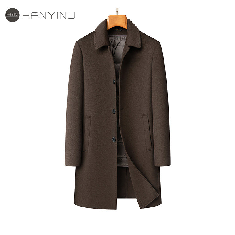 羊毛呢子外套男士中长款翻领90白鹅绒羽绒内胆冬季新款双面呢大衣