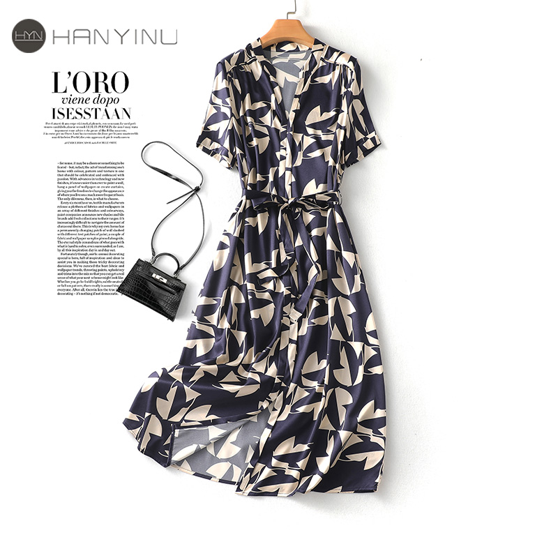 重磅真丝连衣裙中长V领轻奢度假风花色气质2023夏新款桑蚕丝女裙