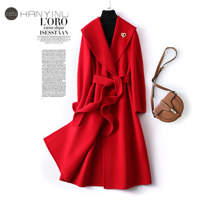 毛呢外套女中长系带收腰高端气质大红色无羊绒秋冬新款双面呢大衣
