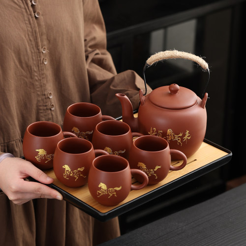 朱泥紫砂防烫雕刻提梁壶茶具礼盒
