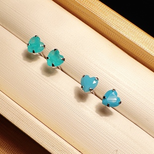 925银镀白金 冰纹海蓝 心形耳钉 女 简约 气质 礼物 人造绿松石