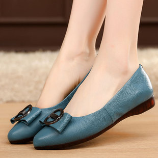 平底鞋 真皮女士鞋 子浅口圆头大码 平跟单鞋 41妈妈鞋 新款 女鞋 女春季