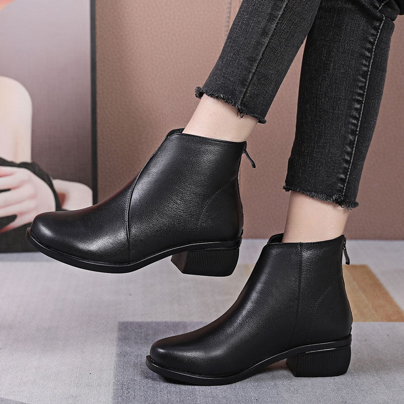 真皮复古女短靴白色单靴粗跟圆头大码棉皮鞋秋冬中跟软底妈妈靴子,女鞋,马丁靴,淘宝优惠券,粉丝福利购,淘宝优惠卷