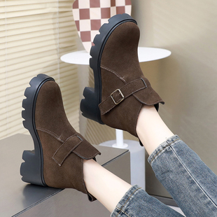 厚底勃肯短靴女秋冬粗跟马丁靴42百搭英伦风保暖棉靴子一脚蹬穿搭