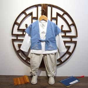 汉服男童中国风古装棉麻套装小童复古三件套儿童春秋季薄款演出服