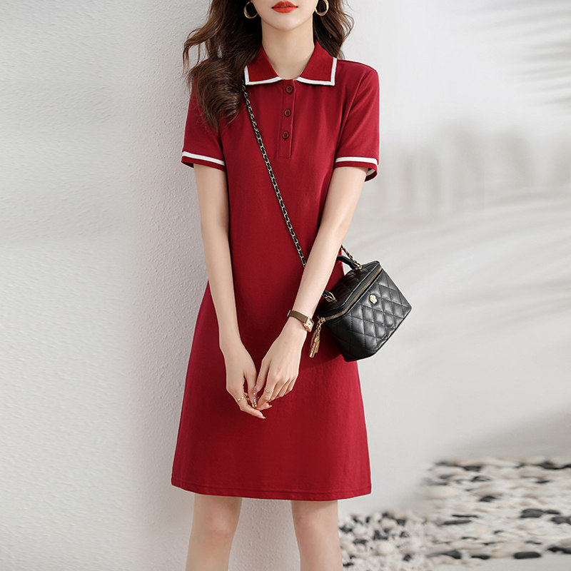 洋气减龄显瘦polo领连衣裙女夏季新款休闲中长款幼师园服T恤裙