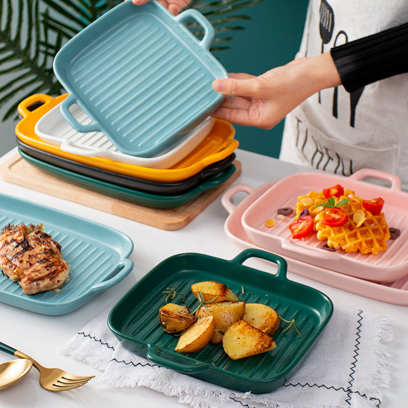 北欧陶瓷双耳烤盘烤鸡翅盘牛排西餐意面盘水果盘微波炉烤箱披萨盘