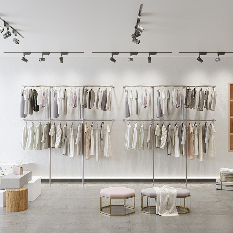 服装店不锈钢拉丝上墙展示架双层壁挂式陈列货架女装童装店挂衣架