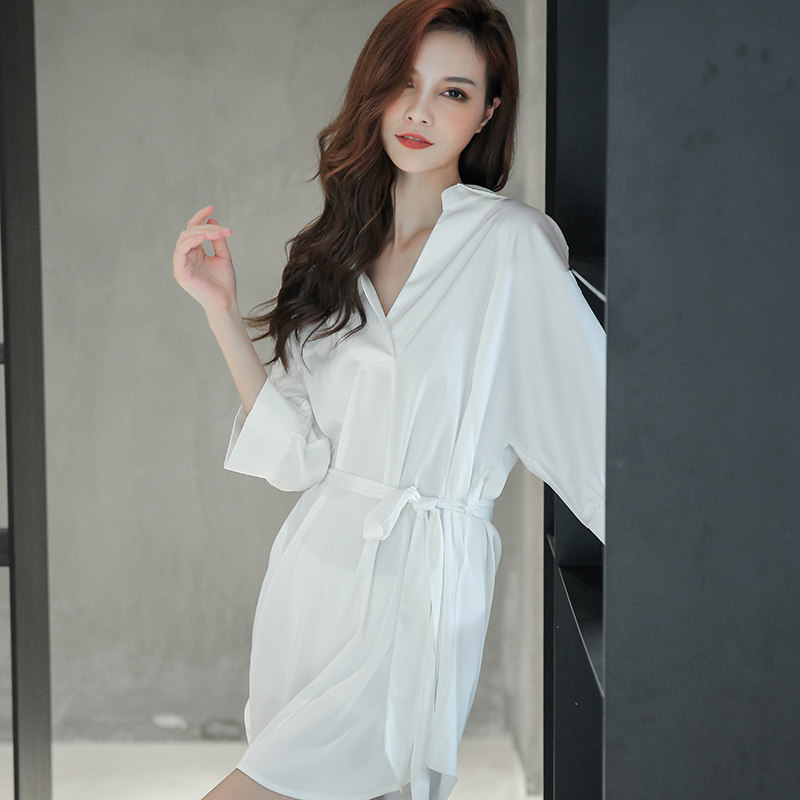 2020新款睡裙女夏性感中袖冰丝衬衫睡袍中长款丝质系带家居服睡衣