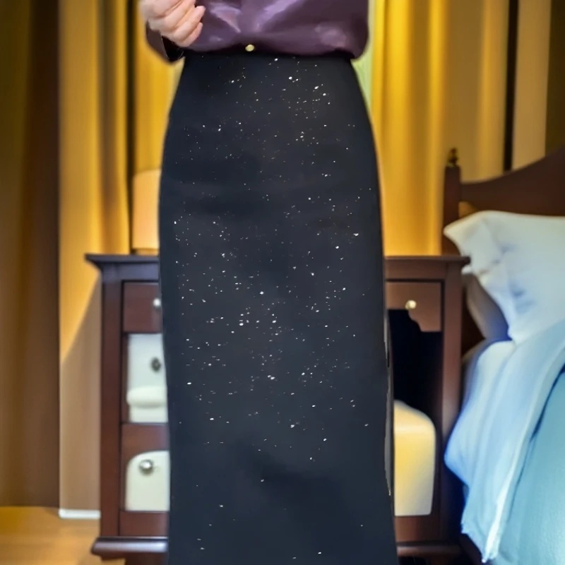 2025黑色法式亮片气质半身裙女秋冬新款法式轻熟风开叉A字长裙子