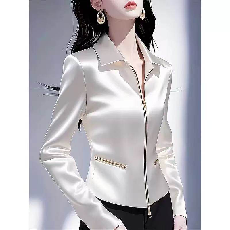 2026年新款女士设计感小众衬衣减龄洋气白色醋酸缎面拉链衬衫春装
