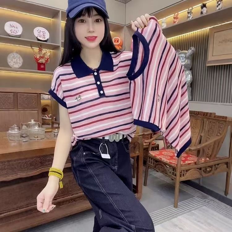 欧货复古刺绣卡通撞色条纹短袖T恤女2025夏季宽松薄款针织衫上衣