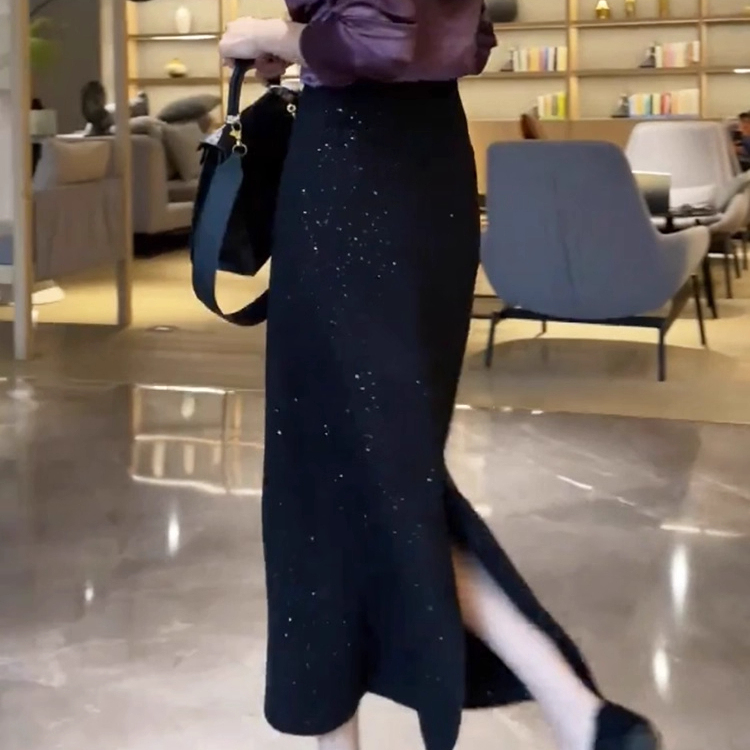 黑色时尚亮片气质半身裙女秋冬新款法式轻熟风开叉A字长裙子