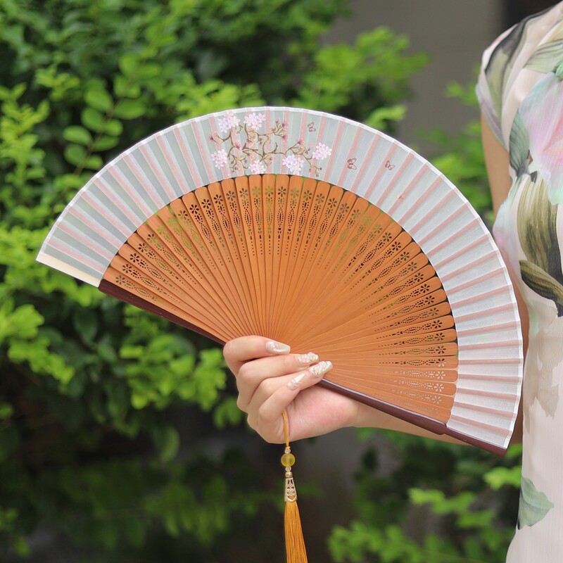 中国风水墨竹扇镂空雕花白色绿色竹梅花古风古典折扇子汉服跳舞蹈