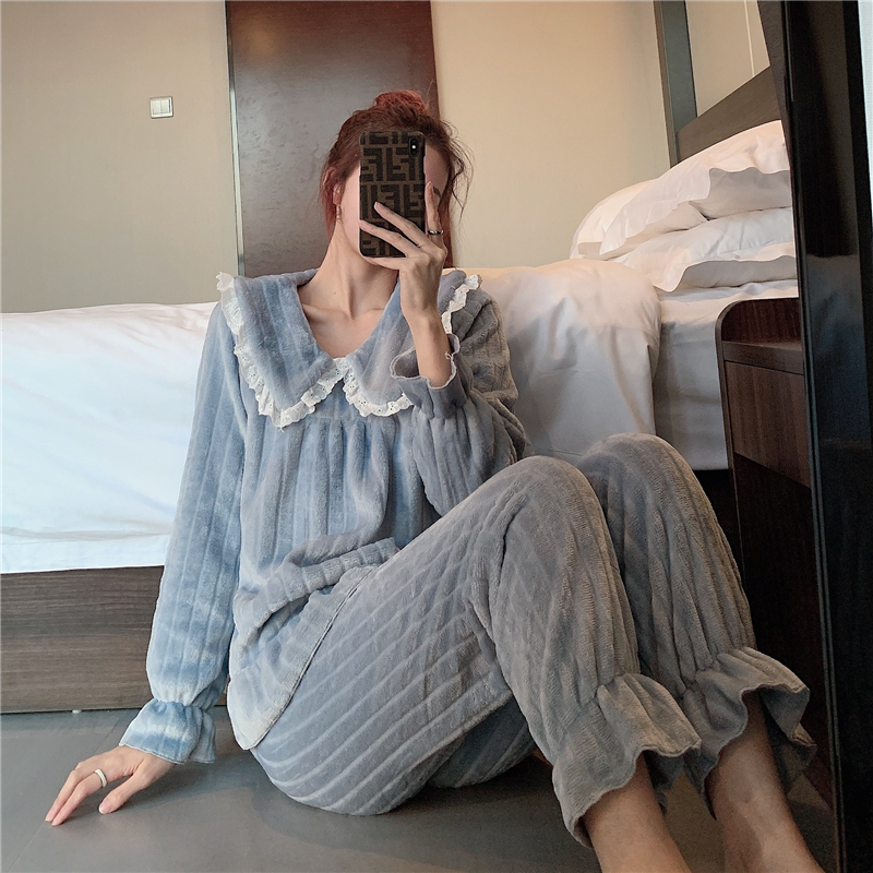 Real shot coral cashmere pajamas women's autumn and winter sweet home wear flannel thickened suit