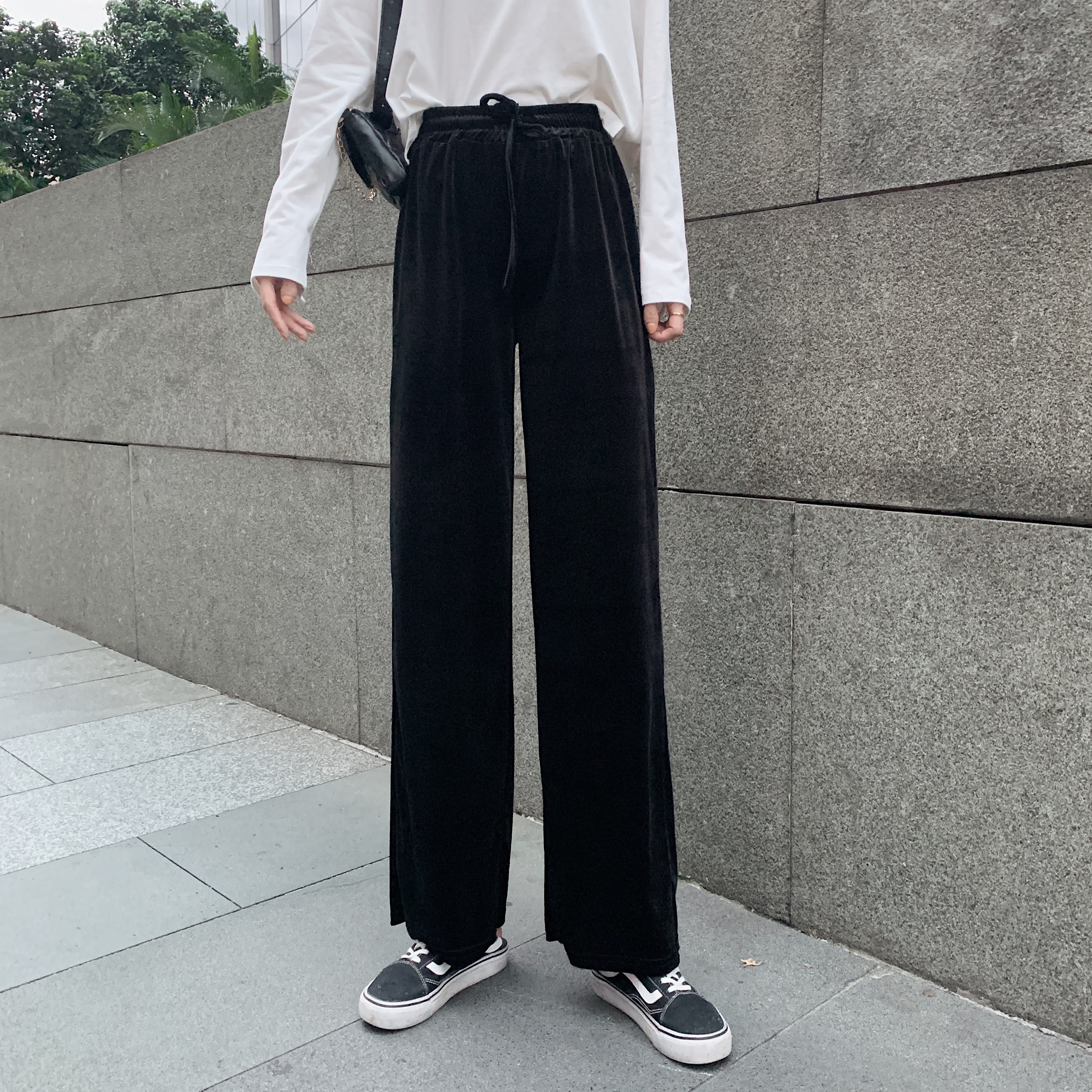 Real shot velvet wide leg pants women's high waist sagging long pants straight tube Plush floor Velvet Pants