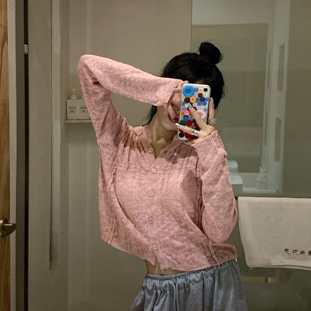 Real shot short sunscreen cardigan hooded women's thin hollow out waist sexy Knitted Top