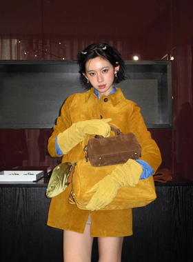 24秋冬新品黄色麂皮绒外套八分袖复古鹿皮真皮小风衣蓝色娃娃上衣