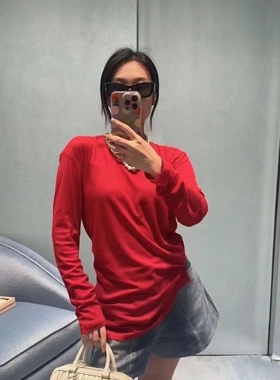 高级定制2024早春新款新年红色圆领长袖甜美修身T恤宽松上衣女