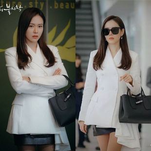 热播韩剧爱的迫降孙艺珍同款白色荷叶边西装外套小黑裙OL气质套装