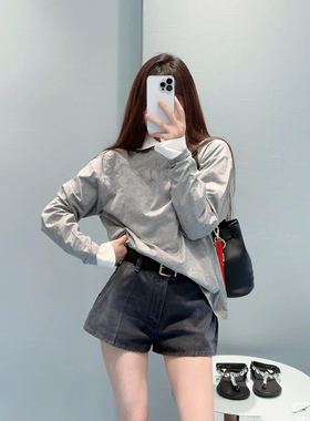 高版本早秋新款百搭宽松贴布绣字母长袖T恤上衣打底衫女会灰色