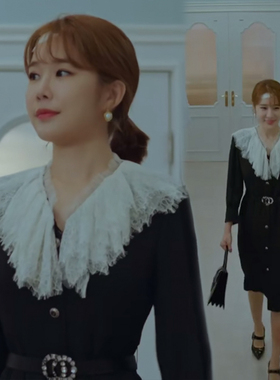 韩剧爱我的间谍刘仁娜同款白色蕾丝领黑色法式收腰连衣裙韩版